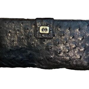 Vintage Gucci Black Genuine Ostrich Leather Wallet with Gold-Tone Logo